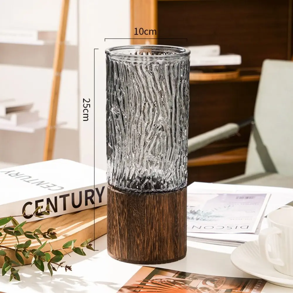 Retro Wooden Base Glass Vase Striped Thick Cylinder Flower Vase Large Capacity Water Nourishing Vase Home Decoration