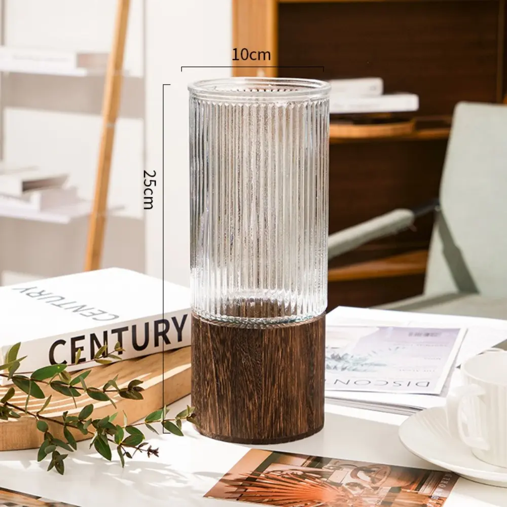 Retro Wooden Base Glass Vase Striped Thick Cylinder Flower Vase Large Capacity Water Nourishing Vase Home Decoration