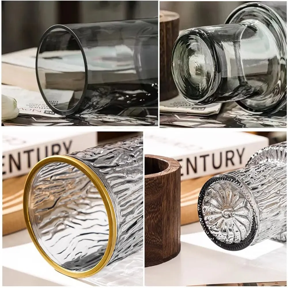 Retro Wooden Base Glass Vase Striped Thick Cylinder Flower Vase Large Capacity Water Nourishing Vase Home Decoration