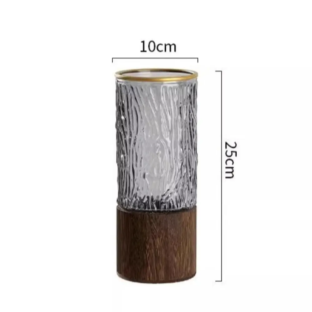 Retro Wooden Base Glass Vase Striped Thick Cylinder Flower Vase Large Capacity Water Nourishing Vase Home Decoration