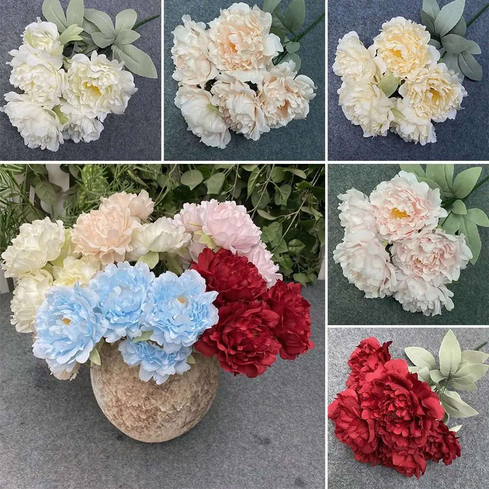 Multicolor Artificial Flower Peony 5 Forks 5 Heads Silk Petals Lifelike Flowers Green Leaves Floral Arrangement