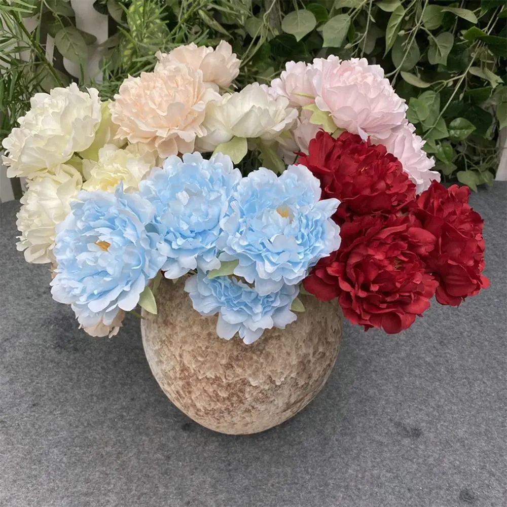 Multicolor Artificial Flower Peony 5 Forks 5 Heads Silk Petals Lifelike Flowers Green Leaves Floral Arrangement