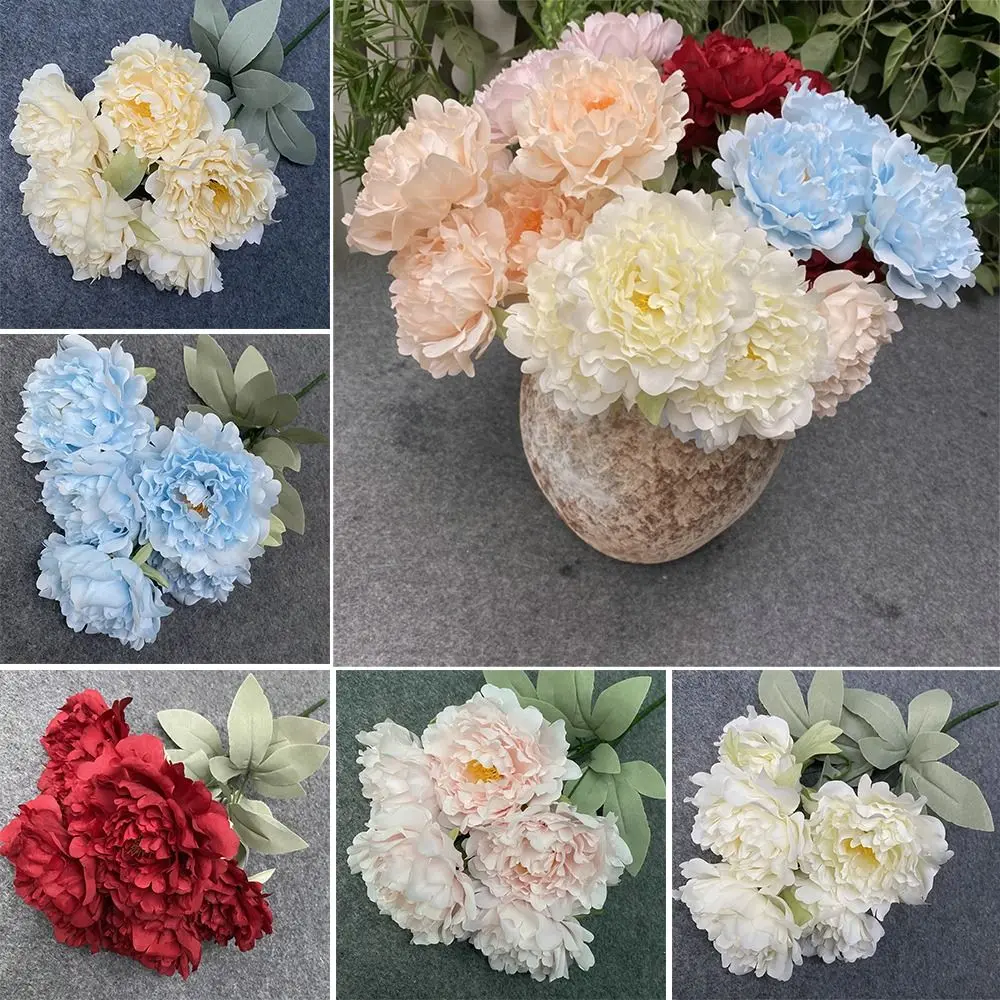 Multicolor Artificial Flower Peony 5 Forks 5 Heads Silk Petals Lifelike Flowers Green Leaves Floral Arrangement