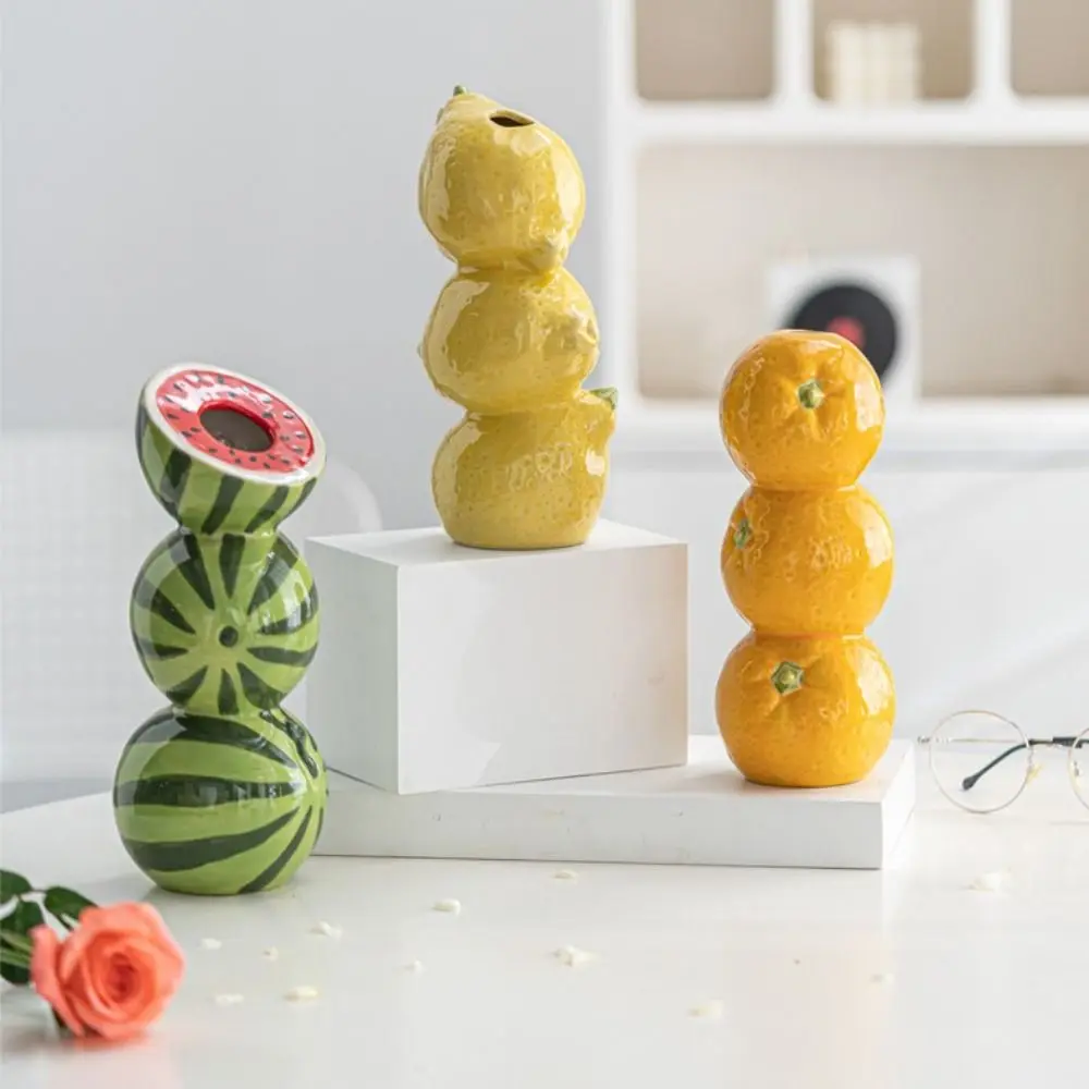Popular Cartoon Fruit Vase Nordic Style Orange Lemon Watermelon Ceramic Vase Handmade Flower Arrangement Vase Dining Table