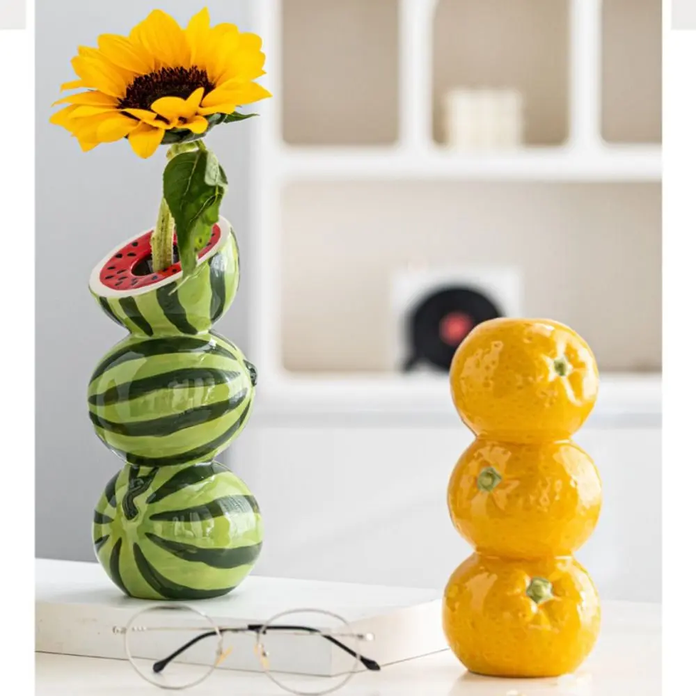 Popular Cartoon Fruit Vase Nordic Style Orange Lemon Watermelon Ceramic Vase Handmade Flower Arrangement Vase Dining Table