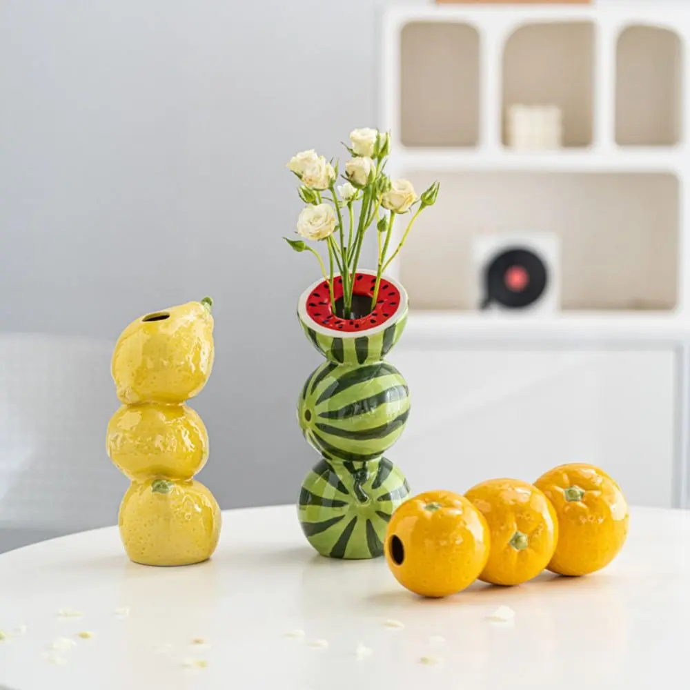 Popular Cartoon Fruit Vase Nordic Style Orange Lemon Watermelon Ceramic Vase Handmade Flower Arrangement Vase Dining Table