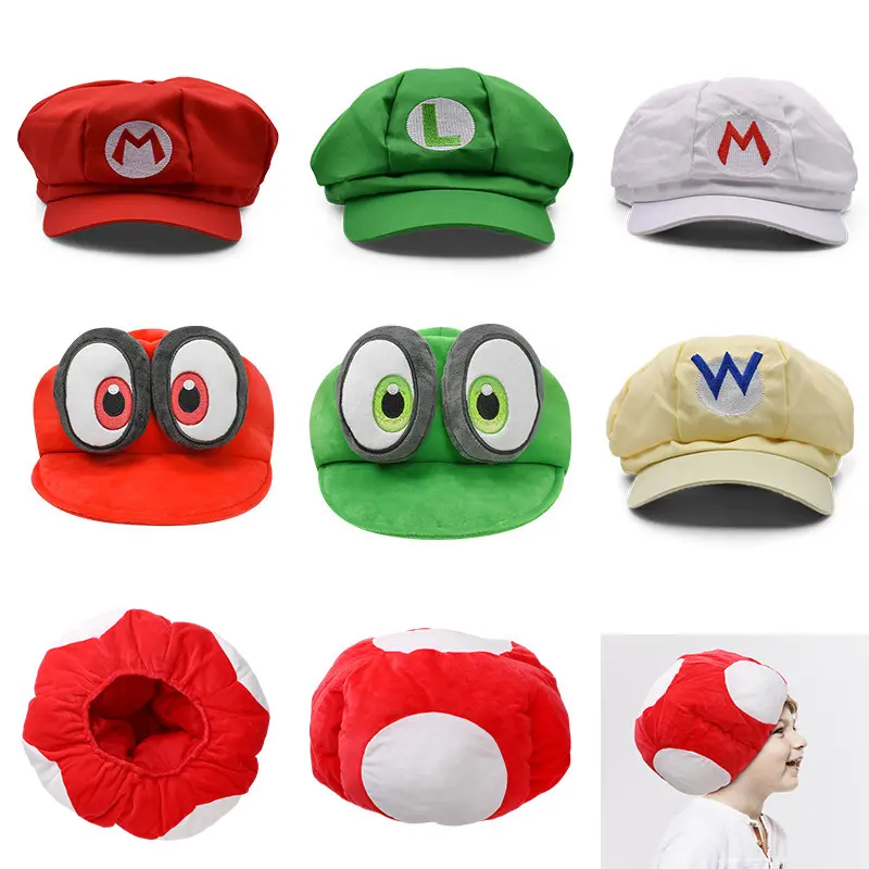 Mario Bros Hat Crown Princess Peach Hat Mushroom Hat Cosplay Headwear English Letters Embroidered Green Red Baseball Cap