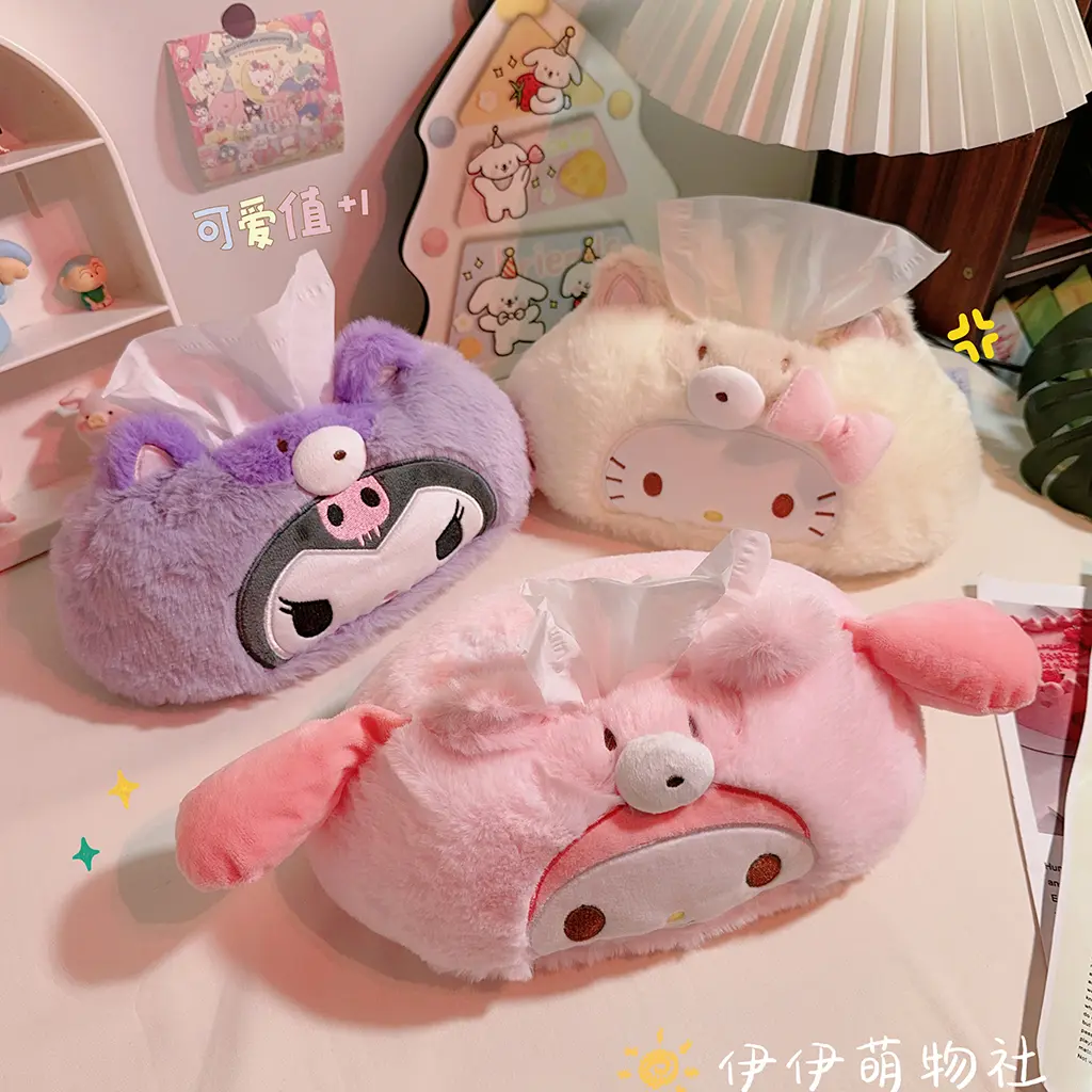 Sanrio Hello Kitty Tissue Box My Melody Plush Napkin Box Soft Kuromi Car Tissue Storage Box Cute Drawer Paper Organizer Gift