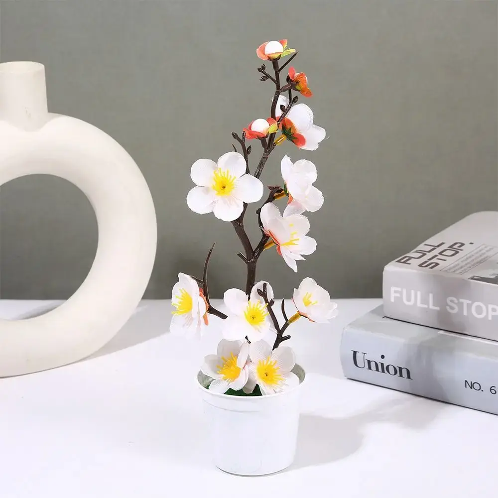 Multicolor Artificial Flower Bonsai Plum Blossom White Flowerpot Faux Flower Potted Plastic Fake Plant Flowerpotted
