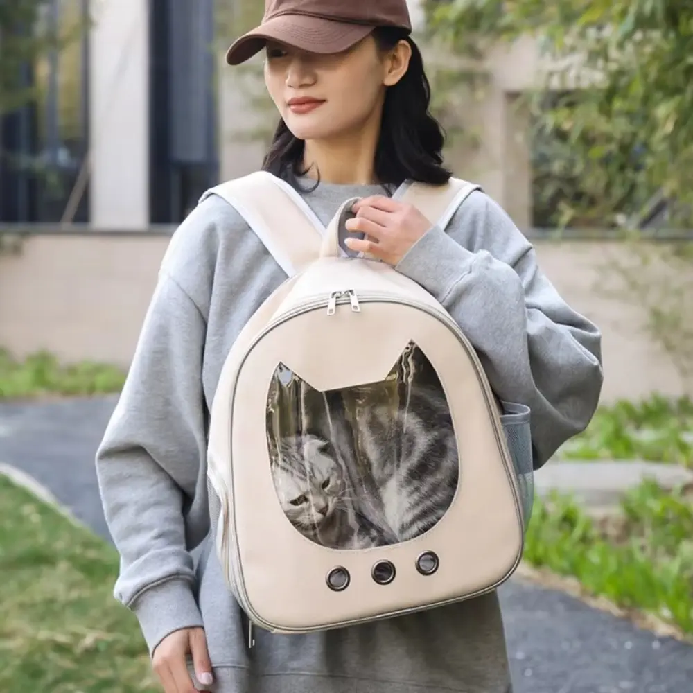Durable Portable Cat Carrier Bag Transparent Design PU Pet Carrier Breathable Mesh Pet Travel Backpack Pet Supplies