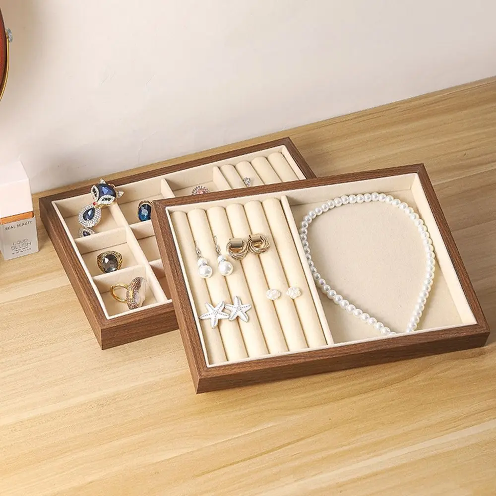 Walnut Wood Wooden Jewelry Display Tray American Style Velvet Lining Velvet Walnut Storage Box Multi-Compartment Dustproof