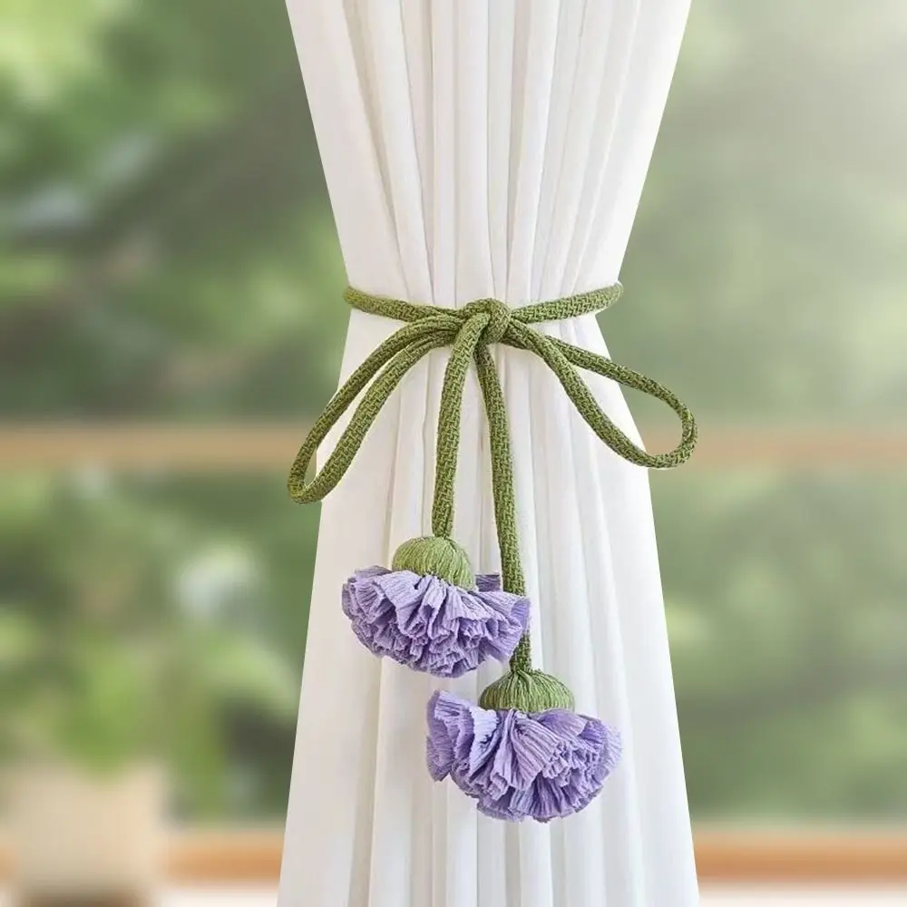 Elastic Band Curtain Tieback Flower Shape Adjustable Window Curtain Buckles No Punching Tassels Curtain Rope Holders Living Room