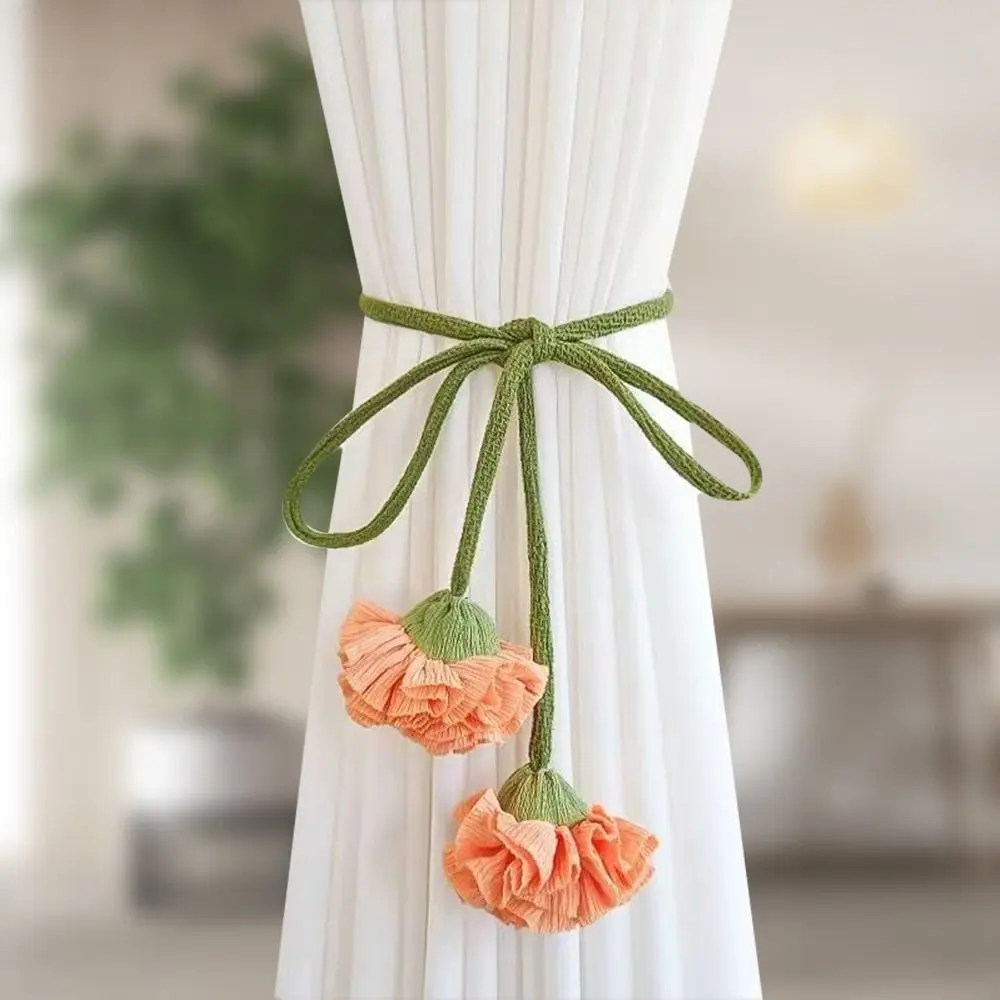 Elastic Band Curtain Tieback Flower Shape Adjustable Window Curtain Buckles No Punching Tassels Curtain Rope Holders Living Room