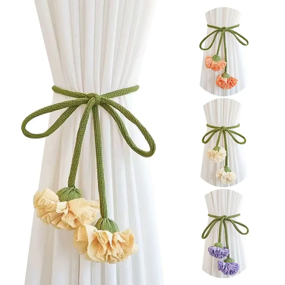 Elastic Band Curtain Tieback Flower Shape Adjustable Window Curtain Buckles No Punching Tassels Curtain Rope Holders Living Room