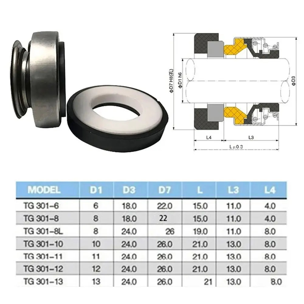1Pcs 301 Series Mechanical Shaft Seal Ceramic Carbon Rubber 8/10/12mm Water Pump Washer O Shape Circulation Pump Seal