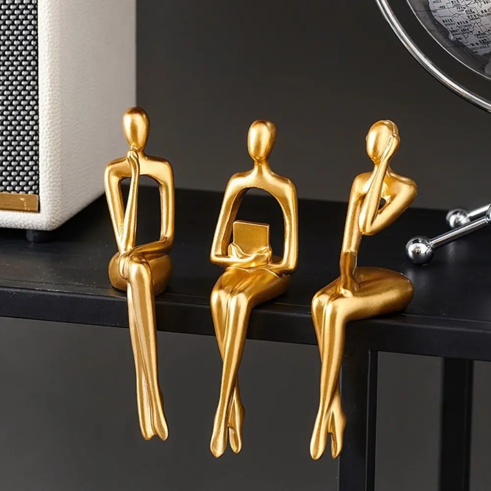New Resin Human Body Art Ornament Abstract Design Thinking Reading Man Figure Statue Golden Finish Desktop Ornament Home Decor