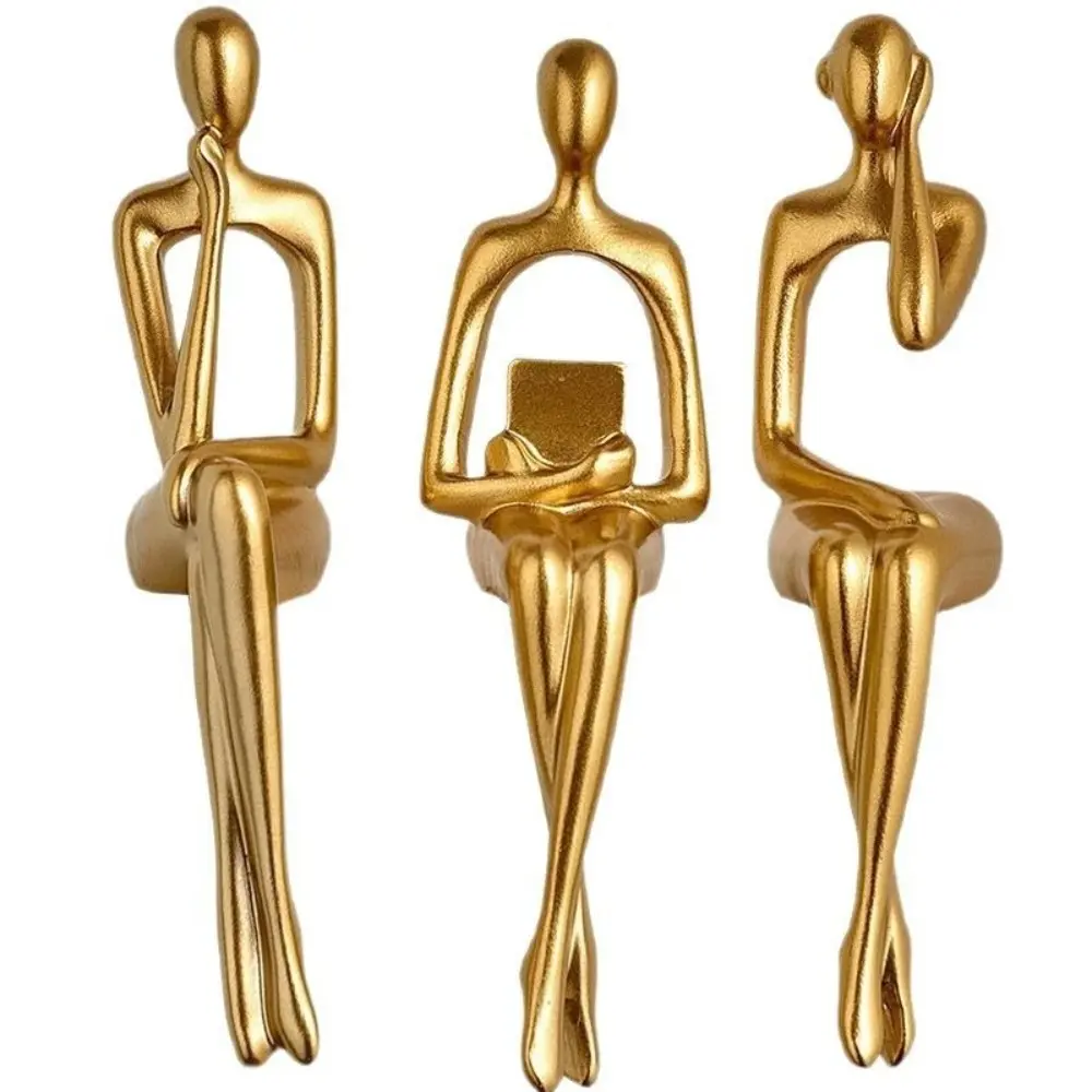 New Resin Human Body Art Ornament Abstract Design Thinking Reading Man Figure Statue Golden Finish Desktop Ornament Home Decor