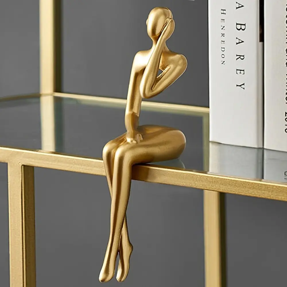 New Resin Human Body Art Ornament Abstract Design Thinking Reading Man Figure Statue Golden Finish Desktop Ornament Home Decor