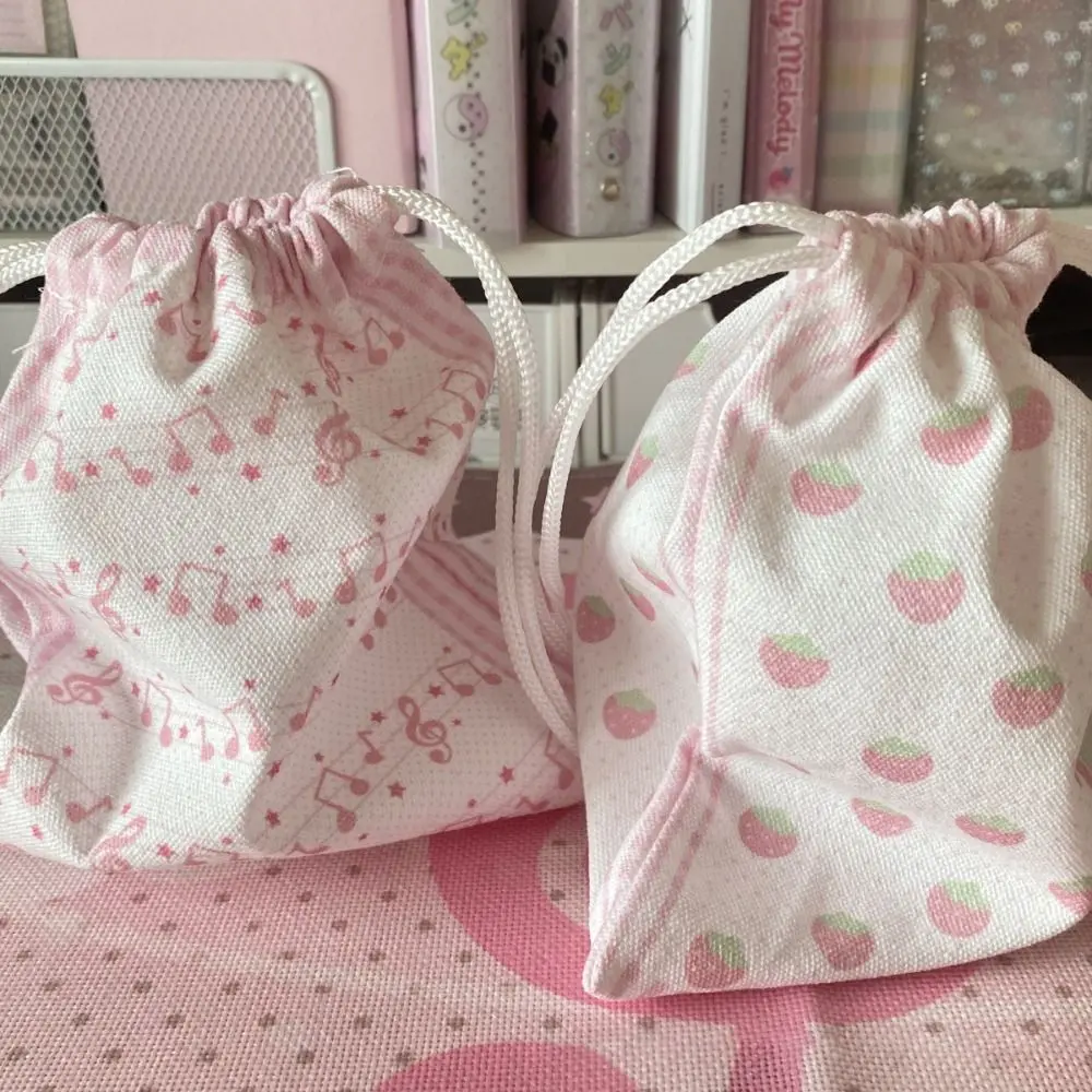 New Strawberry Musical Note Drawstring Bag Canvas Large Capacity Coin Purse Gift Cartoon Makeup Storage Pouch