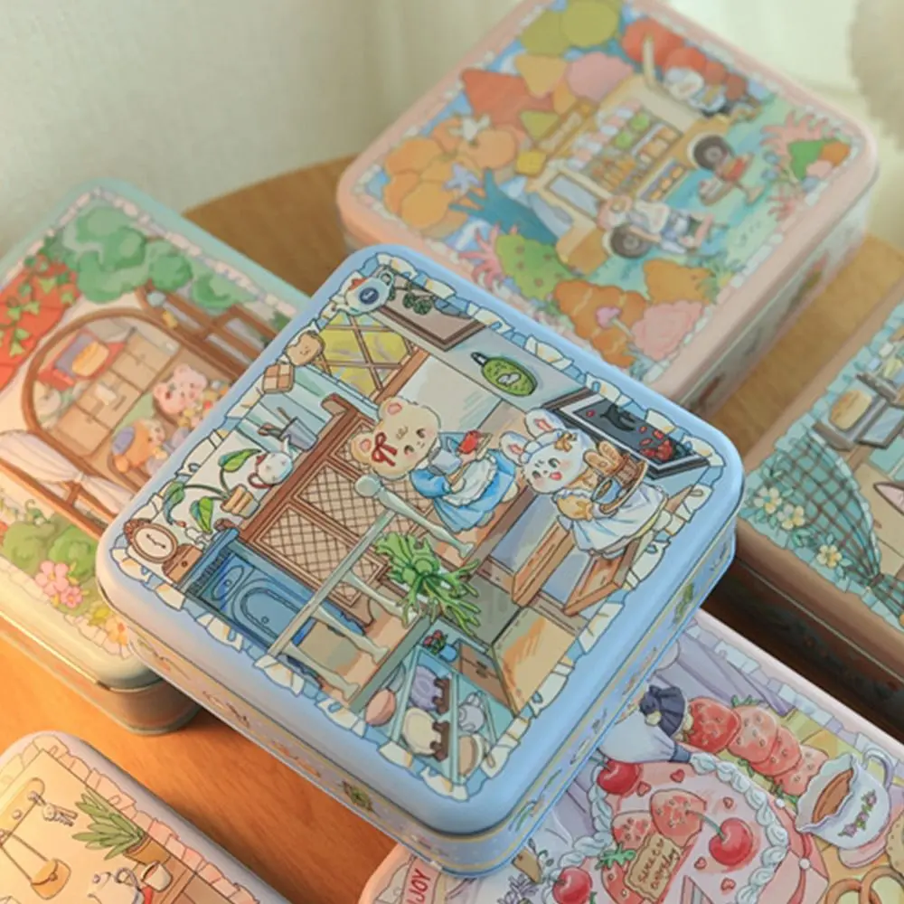 High Quality Cartoon Rabbit Iron Box Square Multicolor Metal Storage Box 17*17*6cm with Lid Gift Box Money Contain