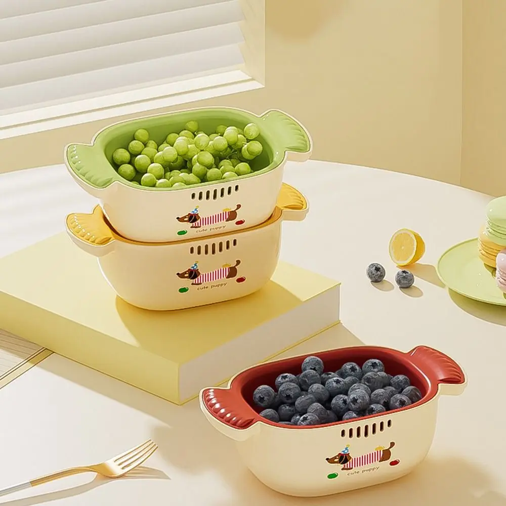 Dopamine Double Layer Drain Basket Space-saving Stackable Fruit Storage Basket Cute Handle Large Capacity Kitchen Fruit Tray