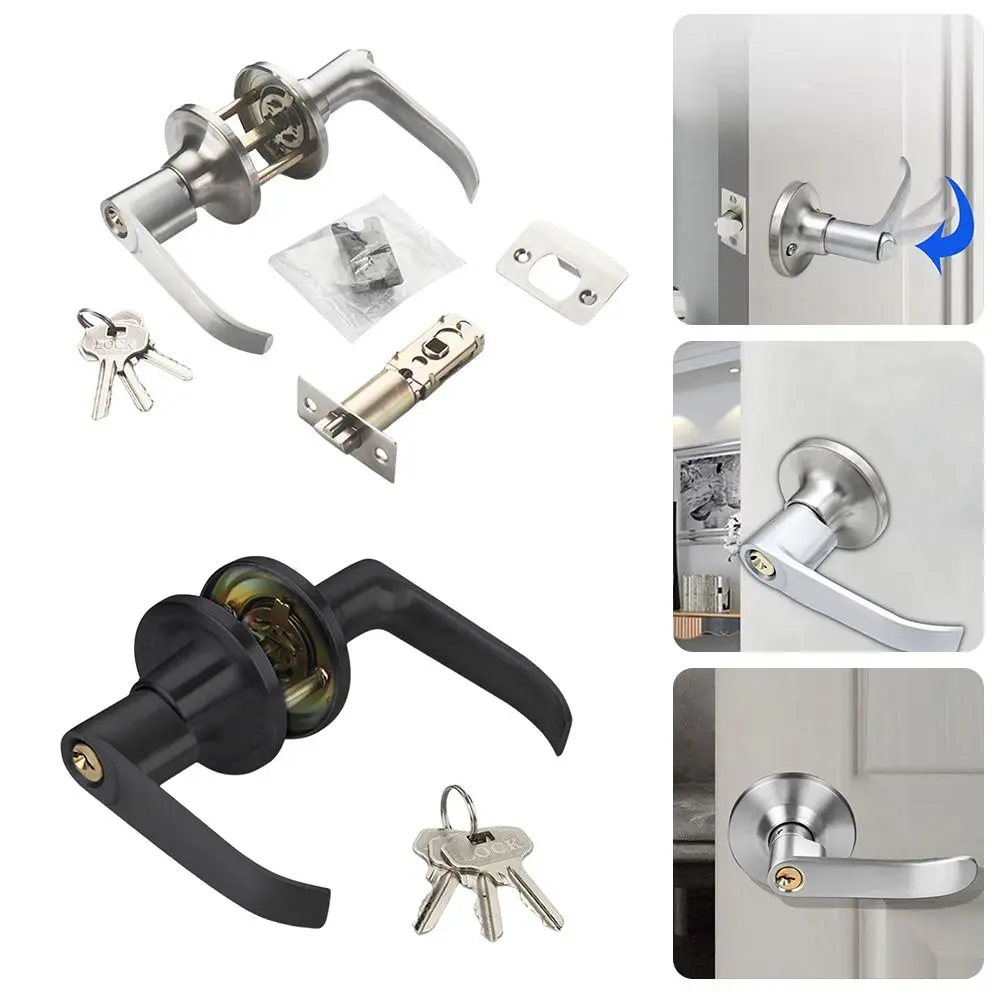 Zinc Alloy Lever Door Handle Lock L Handle with 3 Keys Doors Entrance Keyed Locks Tubular Lever Cylindrical Doorlock Household
