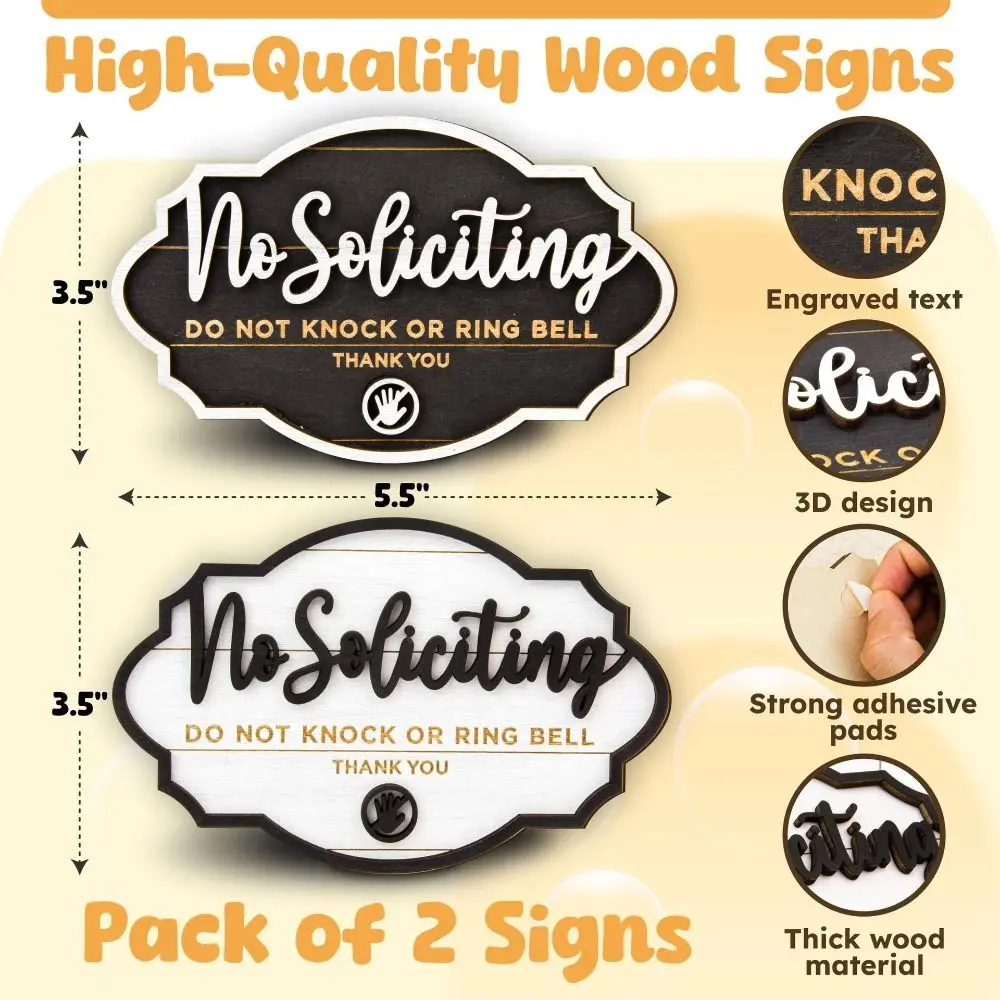 14CM No Soliciting Sign with Adhesive Pads Wooden House Door Sign Elegant Do Not Knock or Ring Bell Home Plaques Restaurants