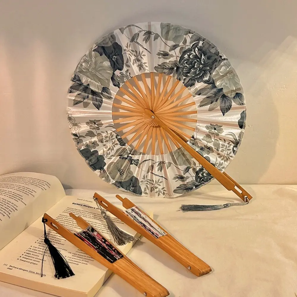 Chinese Style Hand Fold Fan Bamboo Tassel Elegent Silk Flower Folding Fan Dance Props Silk Retro Classical Dance Fan