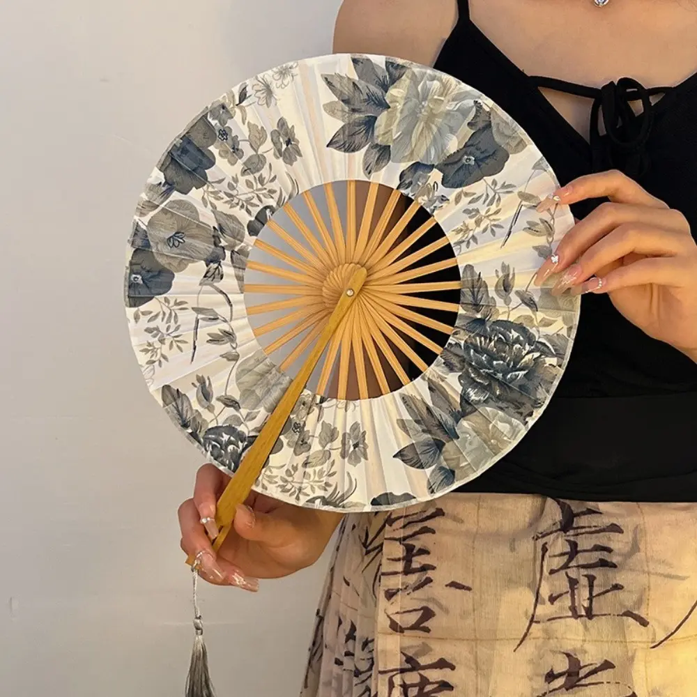Chinese Style Hand Fold Fan Bamboo Tassel Elegent Silk Flower Folding Fan Dance Props Silk Retro Classical Dance Fan