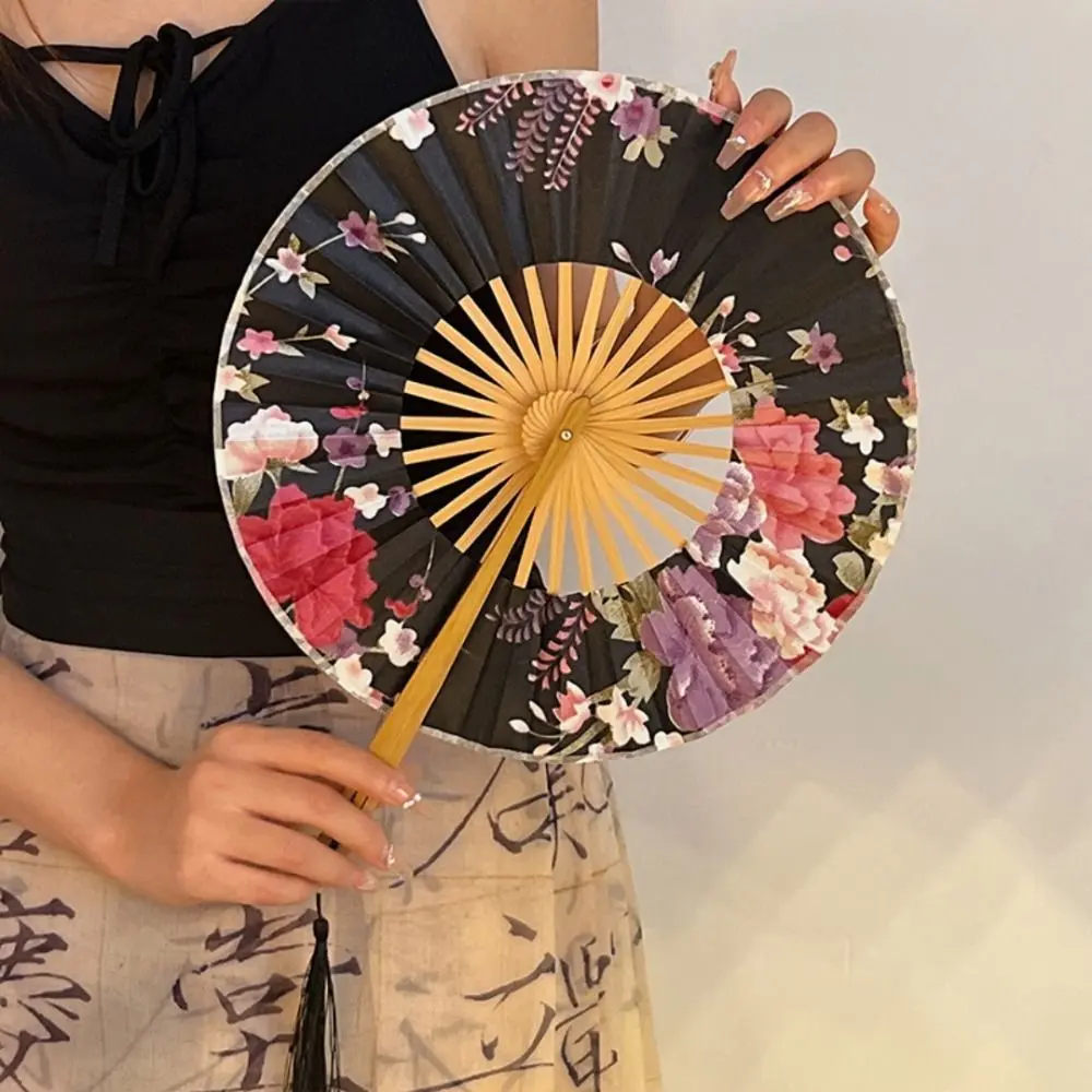 Chinese Style Hand Fold Fan Bamboo Tassel Elegent Silk Flower Folding Fan Dance Props Silk Retro Classical Dance Fan