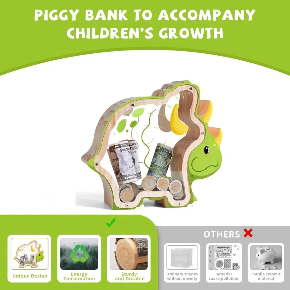 Money Saving Wooden Dinosaur Piggy Banks Reusable Educational Triceratops Coins Storage Box Sturdy Transparent Safe Money Box