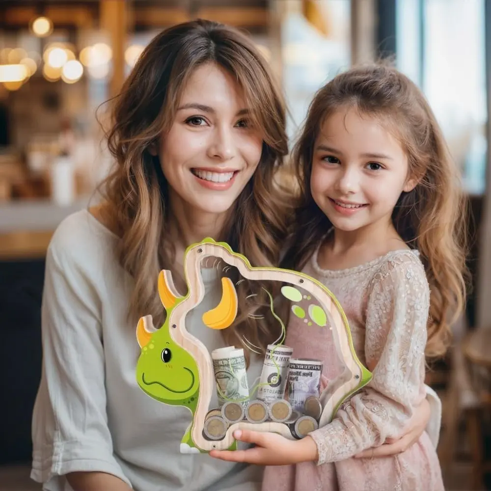 Money Saving Wooden Dinosaur Piggy Banks Reusable Educational Triceratops Coins Storage Box Sturdy Transparent Safe Money Box