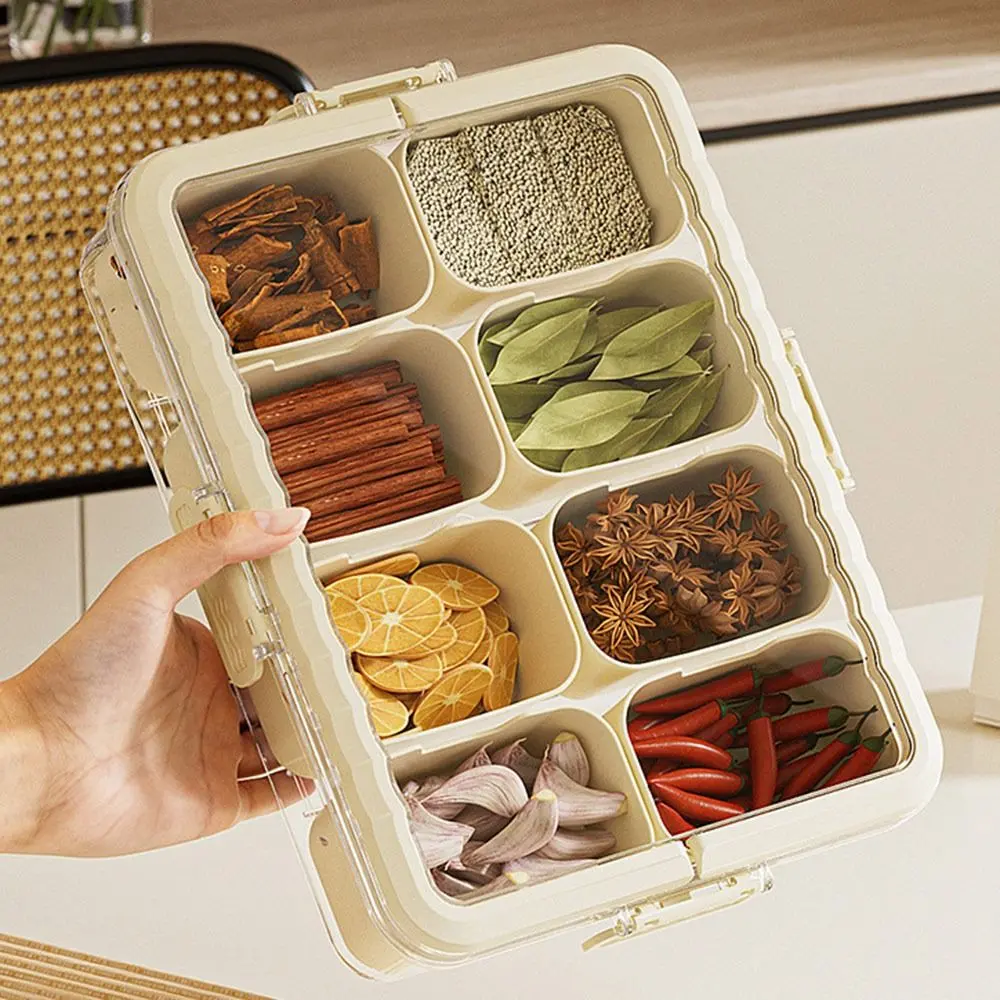 New 4/8 Grid Kitchen Seasoning Storage Box with Lids Plastic Spice Box Dustproof Snack Fruit Divided Plate Box