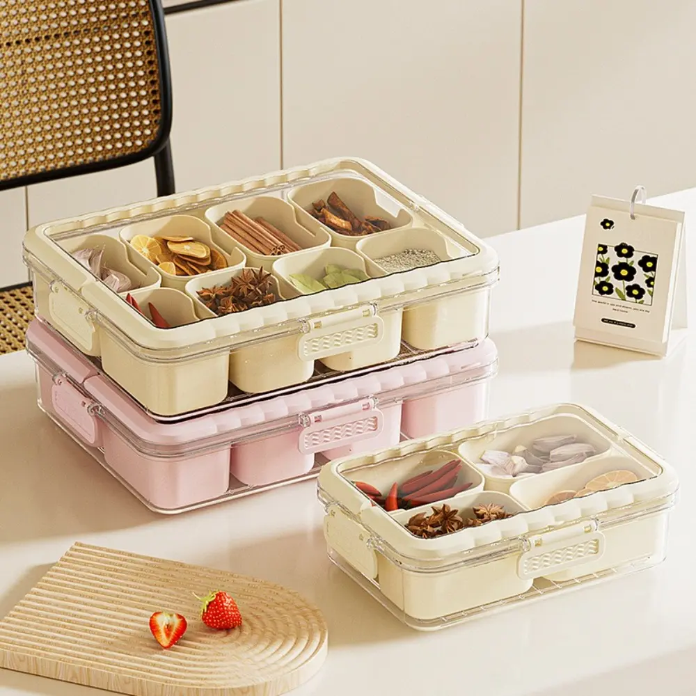 New 4/8 Grid Kitchen Seasoning Storage Box with Lids Plastic Spice Box Dustproof Snack Fruit Divided Plate Box