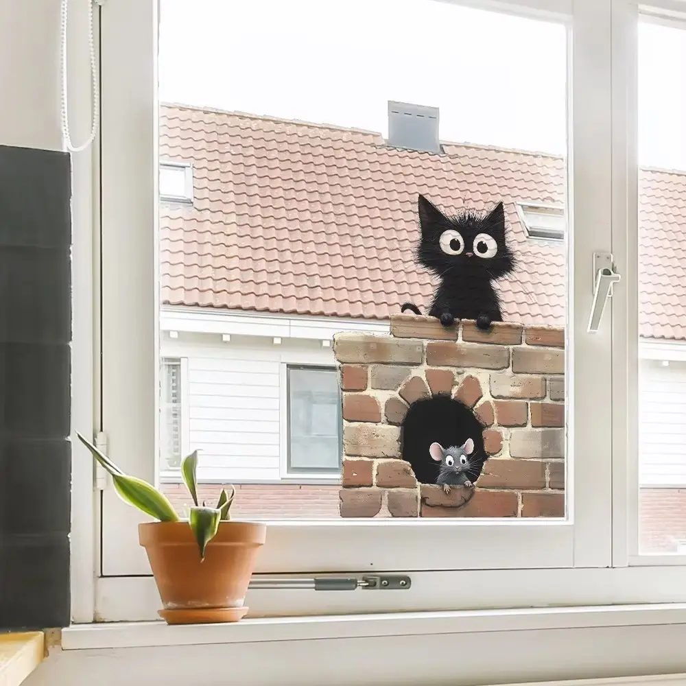 Funny 3D Cat Cartoon Cat Mouse Wall Sticker Self-adhesive Water Resistant Decorative Mural DIY Wall Decals Kids Room Decor