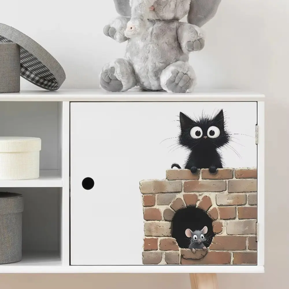 Funny 3D Cat Cartoon Cat Mouse Wall Sticker Self-adhesive Water Resistant Decorative Mural DIY Wall Decals Kids Room Decor