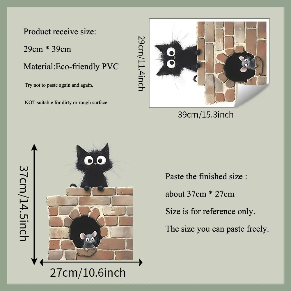 Funny 3D Cat Cartoon Cat Mouse Wall Sticker Self-adhesive Water Resistant Decorative Mural DIY Wall Decals Kids Room Decor