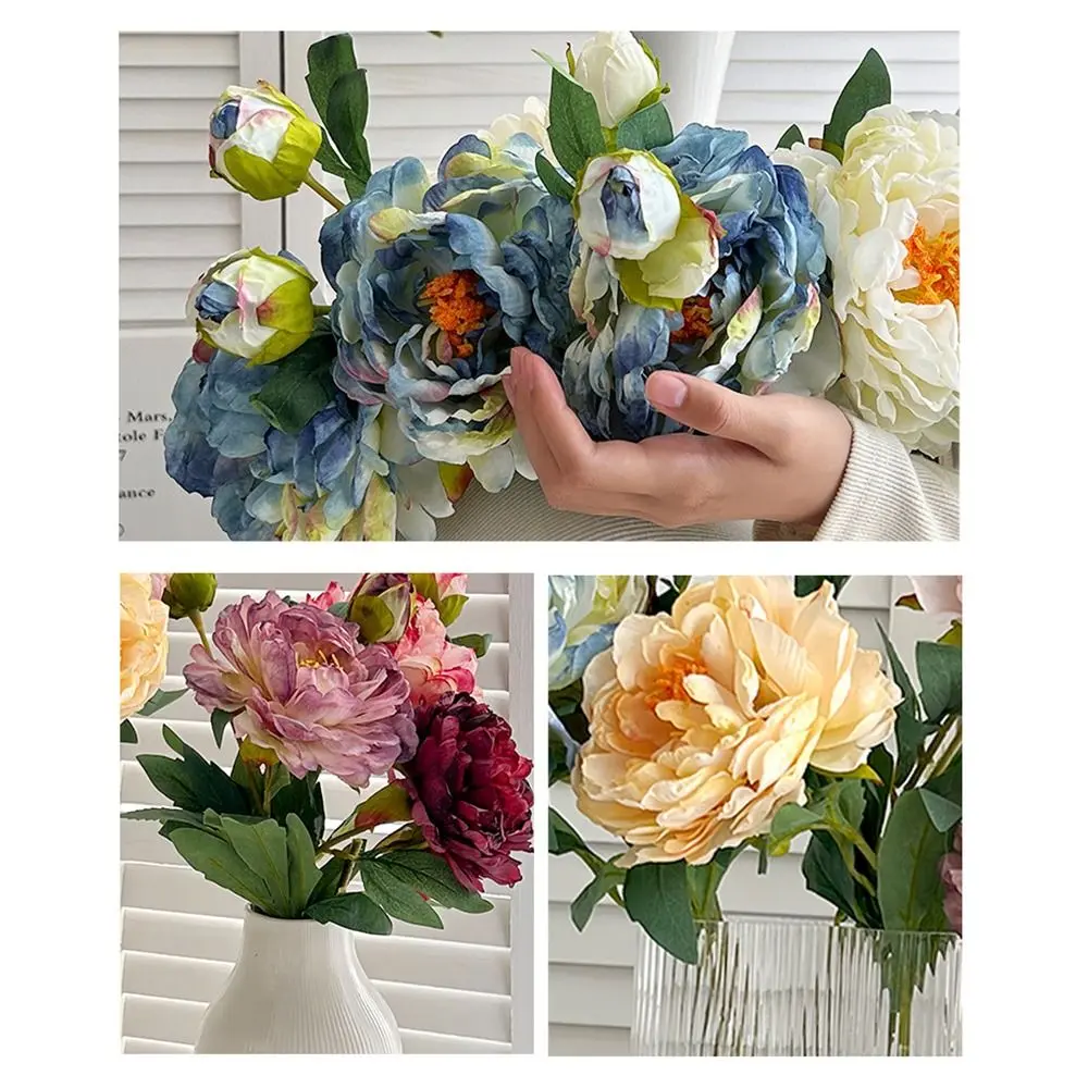 Multicolor Peony Artificial Flowers Oil Painting of Peonies 2 Heads Decorative Flowers Photo Props Green Leaves Fake Flower