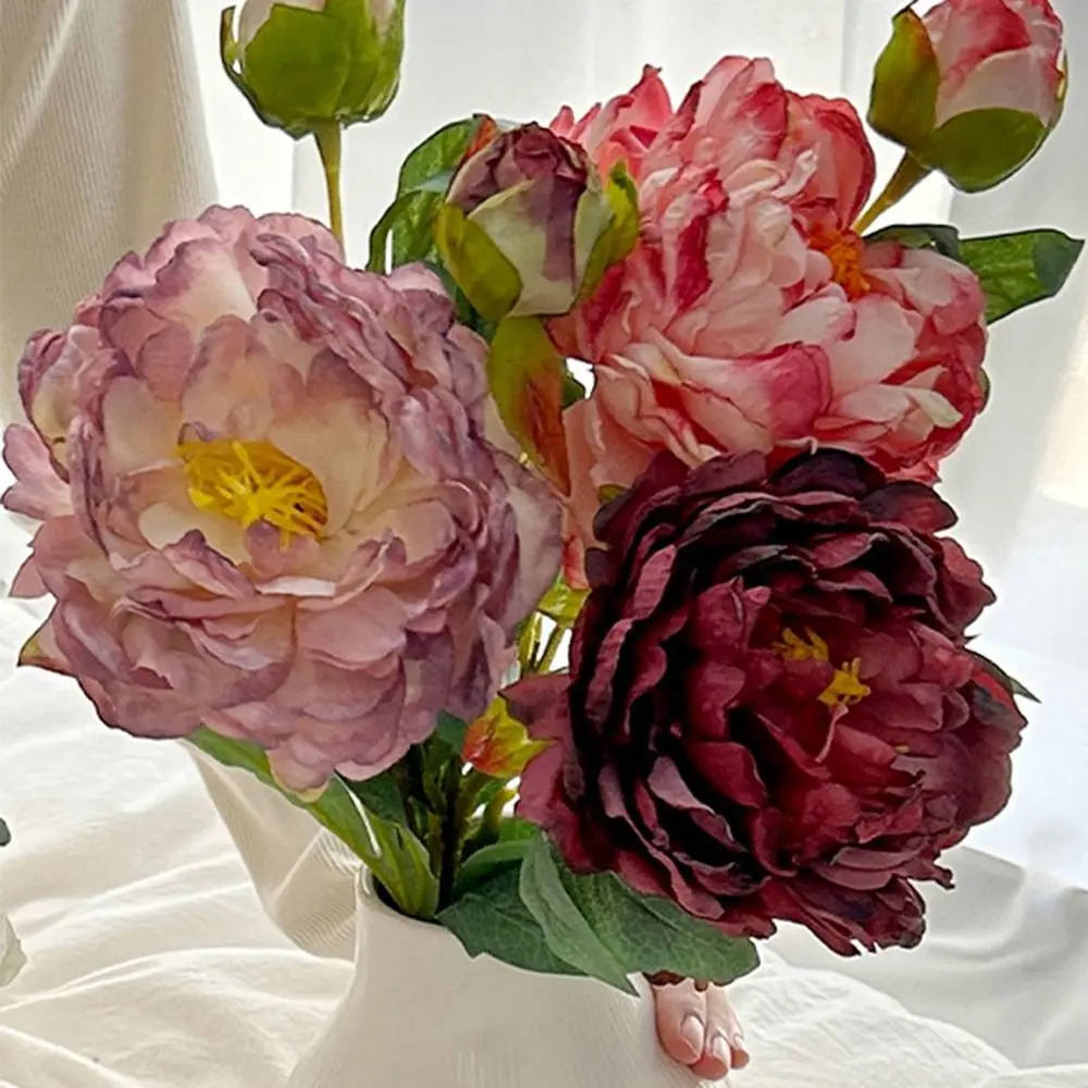 Multicolor Peony Artificial Flowers Oil Painting of Peonies 2 Heads Decorative Flowers Photo Props Green Leaves Fake Flower