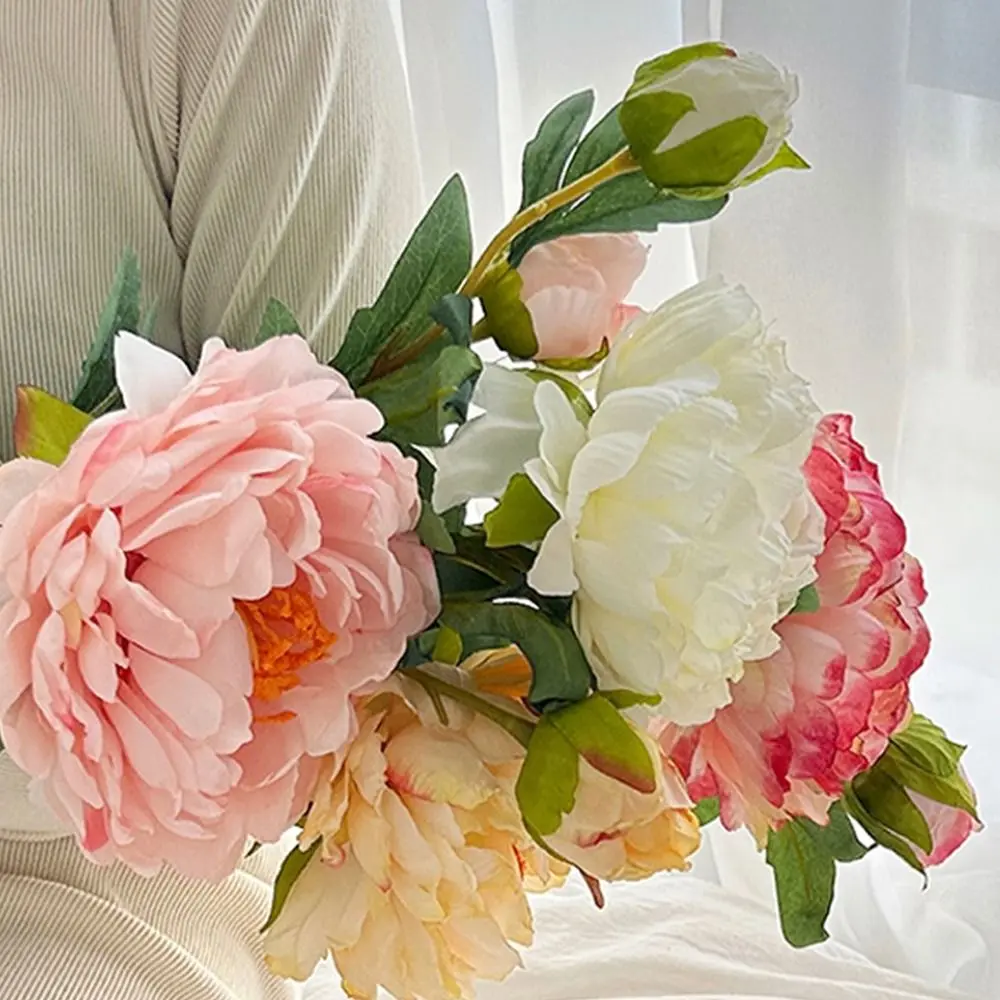 Multicolor Peony Artificial Flowers Oil Painting of Peonies 2 Heads Decorative Flowers Photo Props Green Leaves Fake Flower