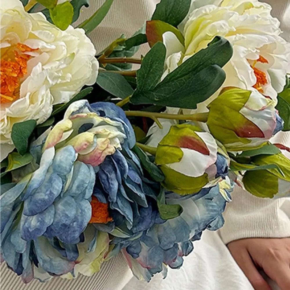 Multicolor Peony Artificial Flowers Oil Painting of Peonies 2 Heads Decorative Flowers Photo Props Green Leaves Fake Flower