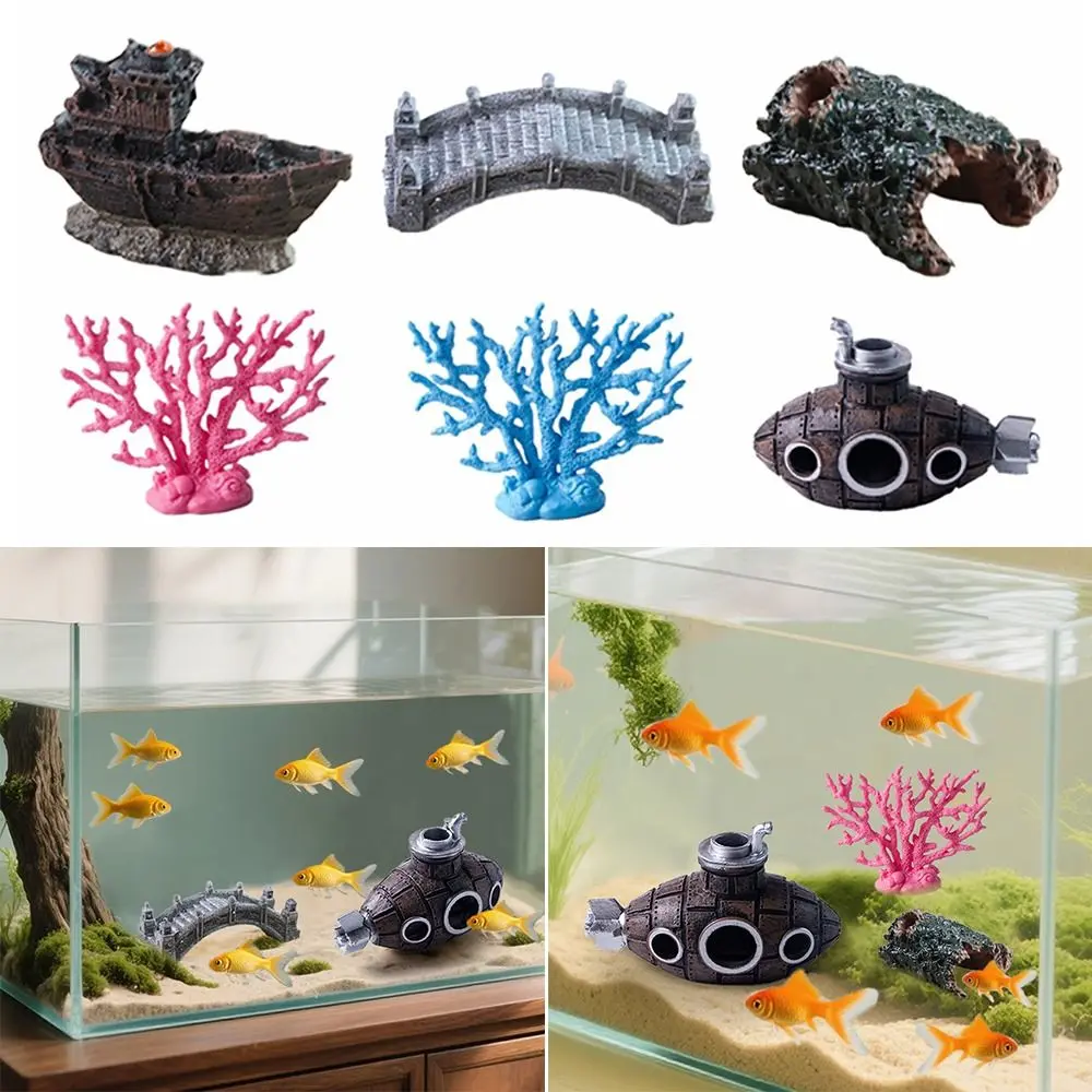 Creative Resin Fish Tank Landscape Wreck Ship Submarine Fish Tank Decoration Cartoon Simulated Coral Aquarium Ornament Home