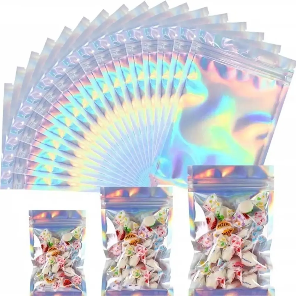 50Pcs Holographic Laser Color Ziplock Bag Plastic Smell Proof Zip Lock Bag Thick Resealable Packaging Pouch