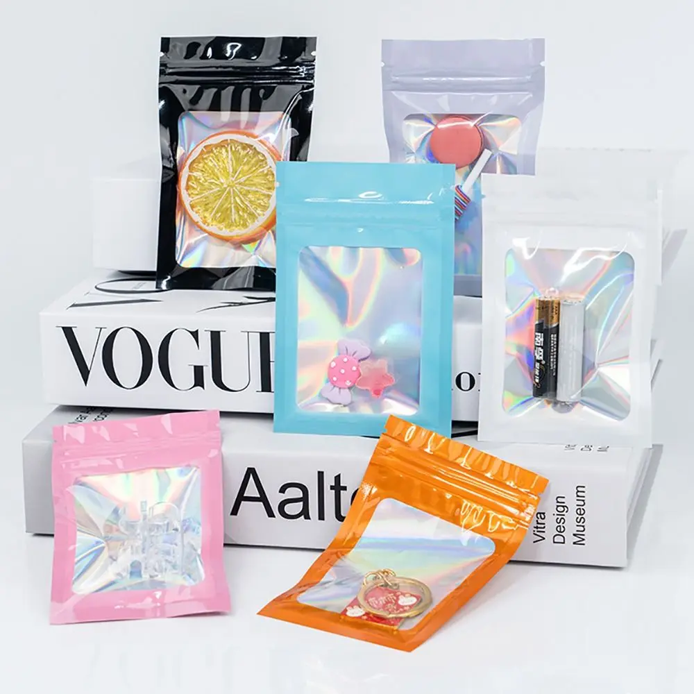 50Pcs Holographic Laser Color Ziplock Bag Plastic Smell Proof Zip Lock Bag Thick Resealable Packaging Pouch