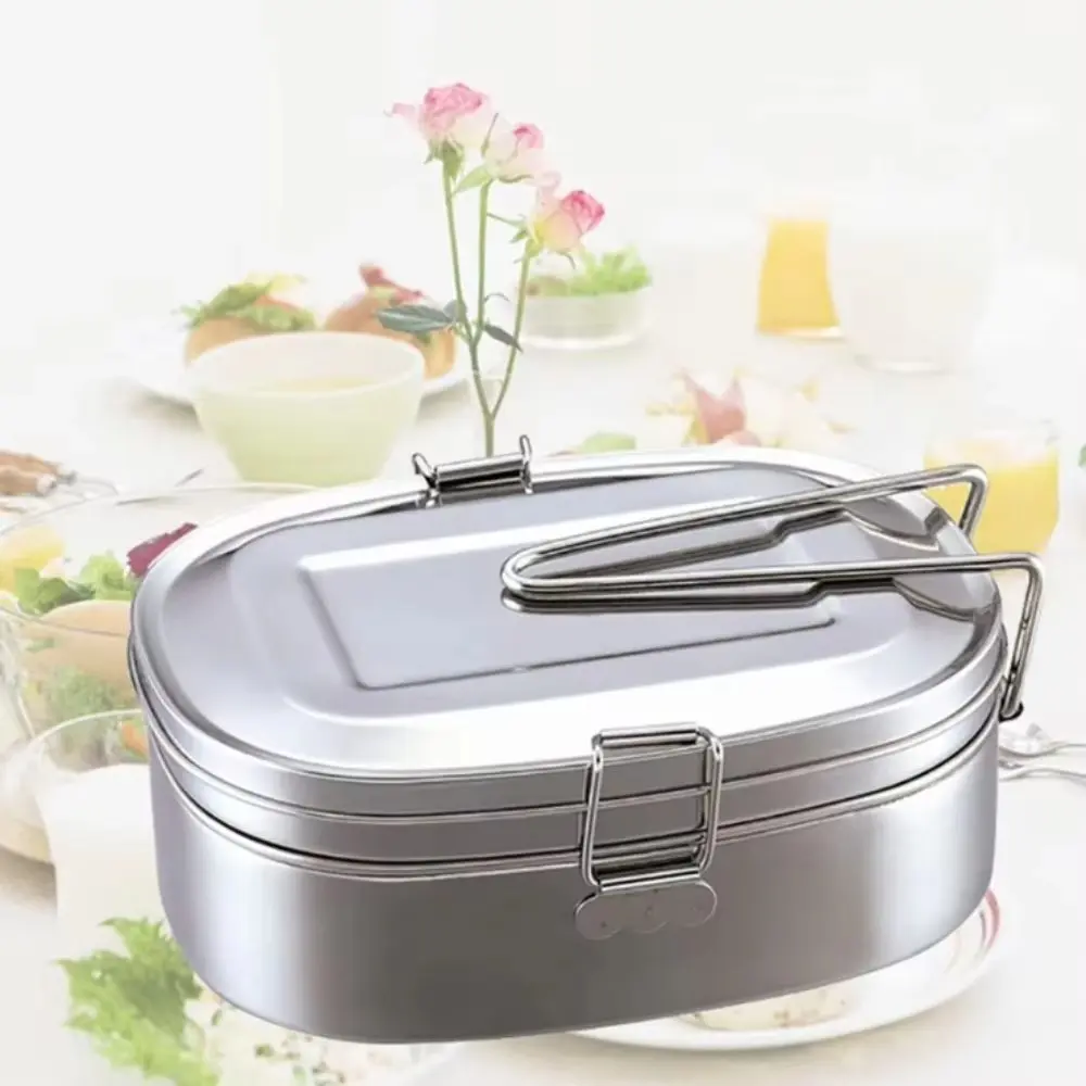 Rectangular Shape Stainless Steel Lunch Box Foldable Handle 304 Stainless Steel Bento Box Leakproof Design Unbreakable Material