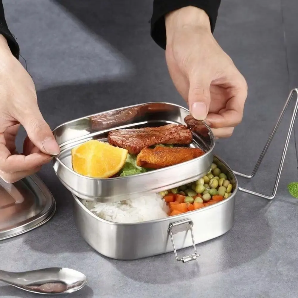 Rectangular Shape Stainless Steel Lunch Box Foldable Handle 304 Stainless Steel Bento Box Leakproof Design Unbreakable Material