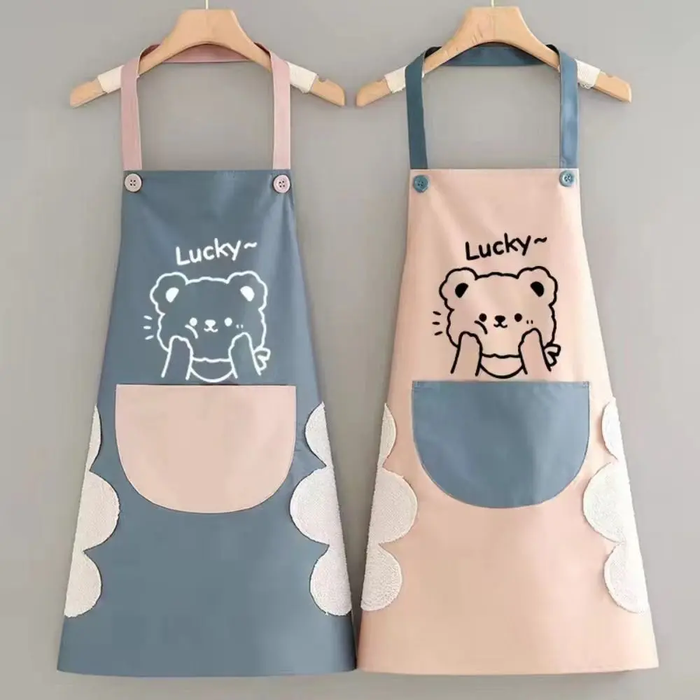 Pocket Design Cute Bear Pattern Cartoon Apron Waterproof Oil Proof Kitchen Apron Can Wipe Hand Couples Apron Household Chores