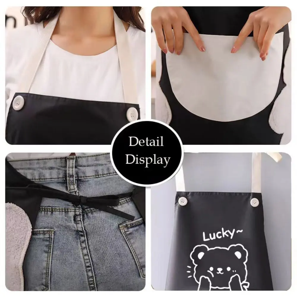 Pocket Design Cute Bear Pattern Cartoon Apron Waterproof Oil Proof Kitchen Apron Can Wipe Hand Couples Apron Household Chores