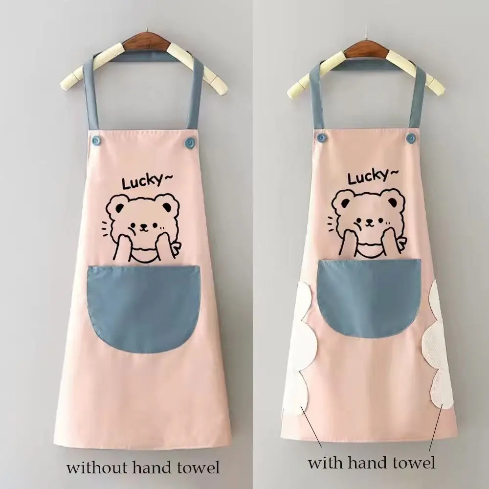 Pocket Design Cute Bear Pattern Cartoon Apron Waterproof Oil Proof Kitchen Apron Can Wipe Hand Couples Apron Household Chores