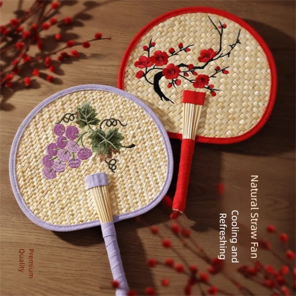 Flower Embroidery Hand-Woven Straw Fan Environmentally Friendly Natural Summer Cooling Hand Fan Light Weight Decorative Fan
